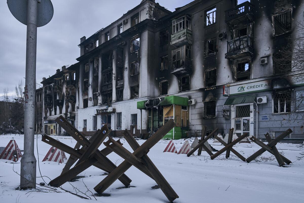 Building in eastern Ukraine blackened from Russian shelling