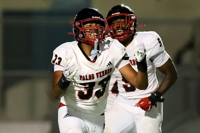 Palos Verdes tight end/defensive end Douglas Stewart is fired up during win over Carson.