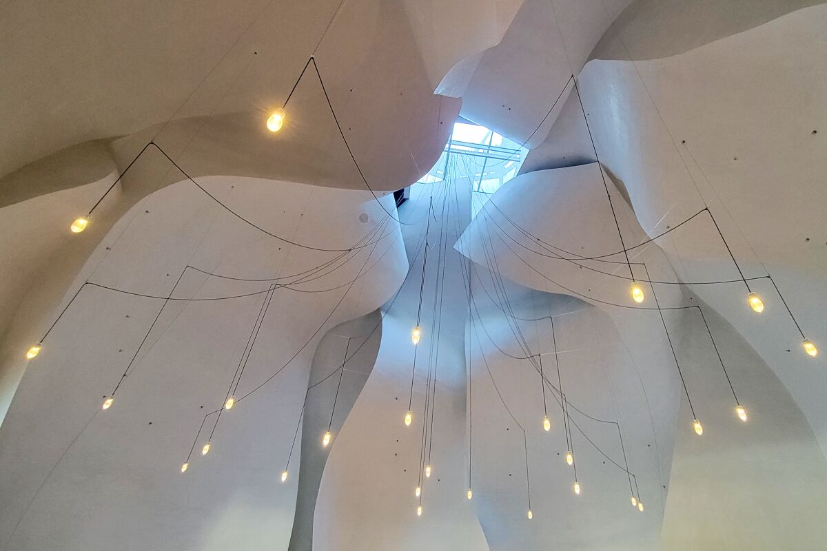 The curving geometries of a white ceiling reach a skylight apex. Pendant lights hang below.