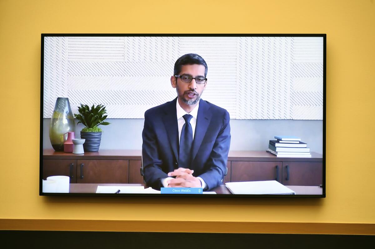 Google CEO Sundar Pichai testifies last year during a House Judiciary subcommittee hearing. 