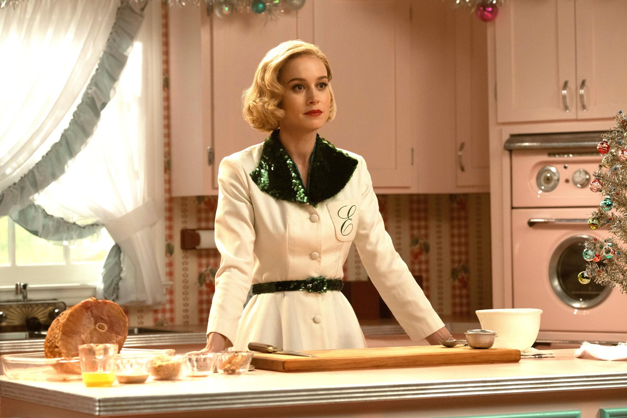 Actress Brie Larson in a fictional kitchen set in "Lessons in Chemistry."