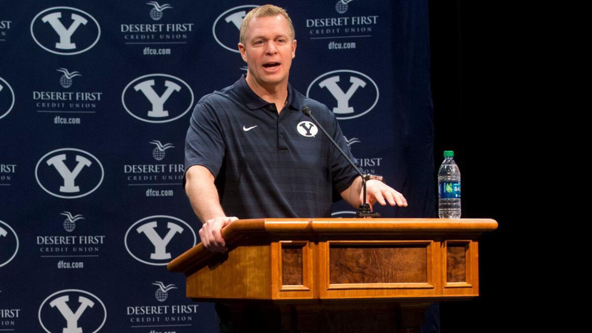 Brigham Young University football Coach Bronco Mendenhall speaks during a news conference in Provo, Utah, on Feb. 4.
