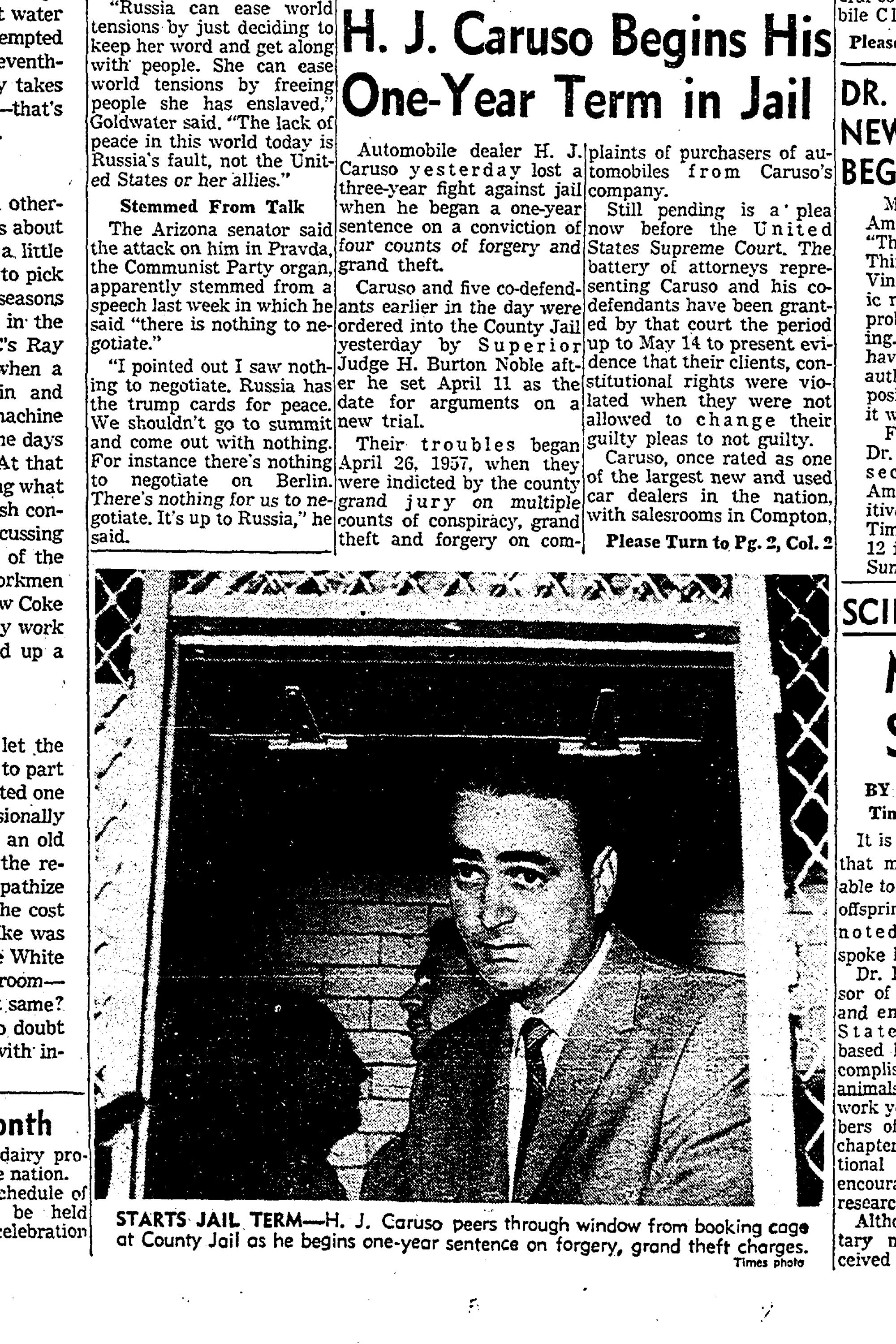 The March 22, 1960, Los Angeles Times with the headline of Henry Caruso beginning his jail term.