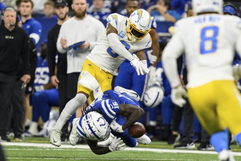 Los Angeles Chargers safety Derwin James Jr. (3) gets ejected after a hit on Indianapolis Colts.