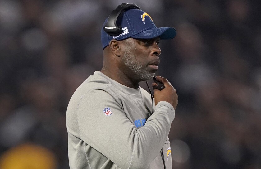 Chargers head coach Anthony Lynn looks on from the sidelines against the Oakland Raiders during the first quarter on Nov. 7, 2019 in Oakland.