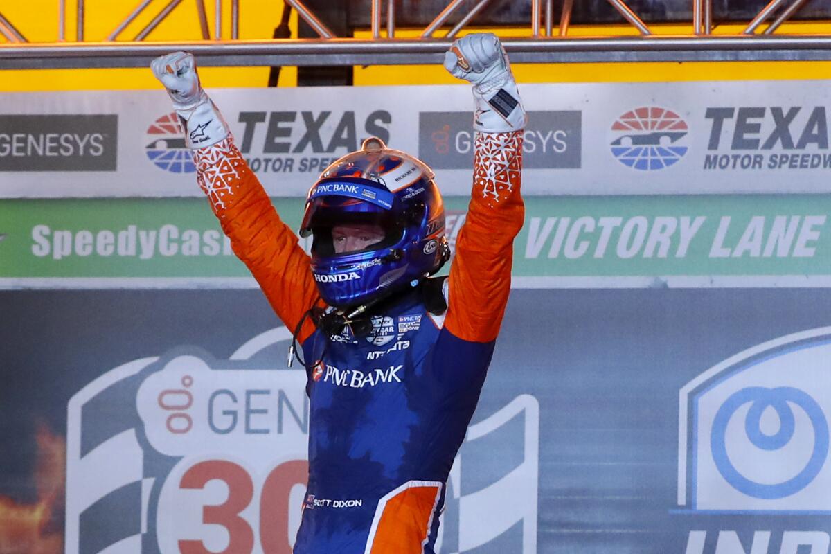 Scott Dixon reacts after winning the delayed IndyCar season opener at Texas Motor Speedway on June 6, 2020.
