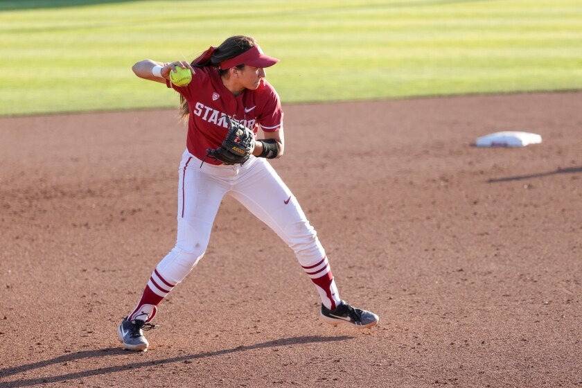 Stanford infielder Kristina Inouye throws to first base in the second game of a doubleheader against Nevada at Smith Family Stadium on Feb. 22.