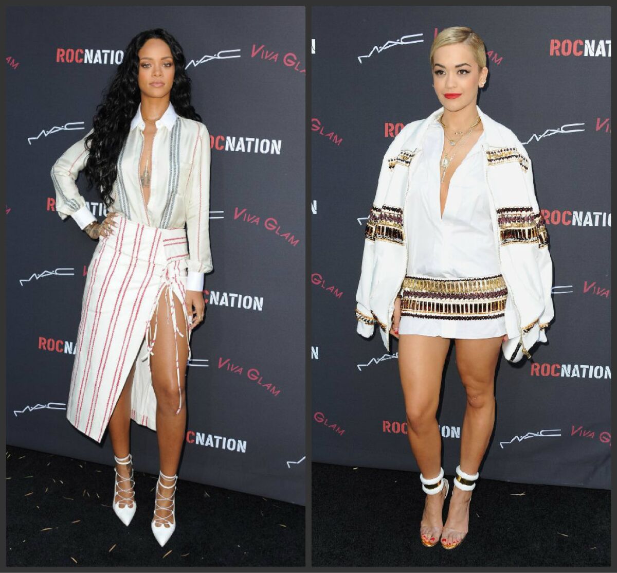 Pop star Rihanna, left, dressed in Altuzarra, arrives at the Roc Nation Pre-Grammy brunch presented by MAC Viva Glam at a private residency on Saturday in Los Angeles. Rita Ora, dressed in Alexandre Vauthier, arrives at the event.