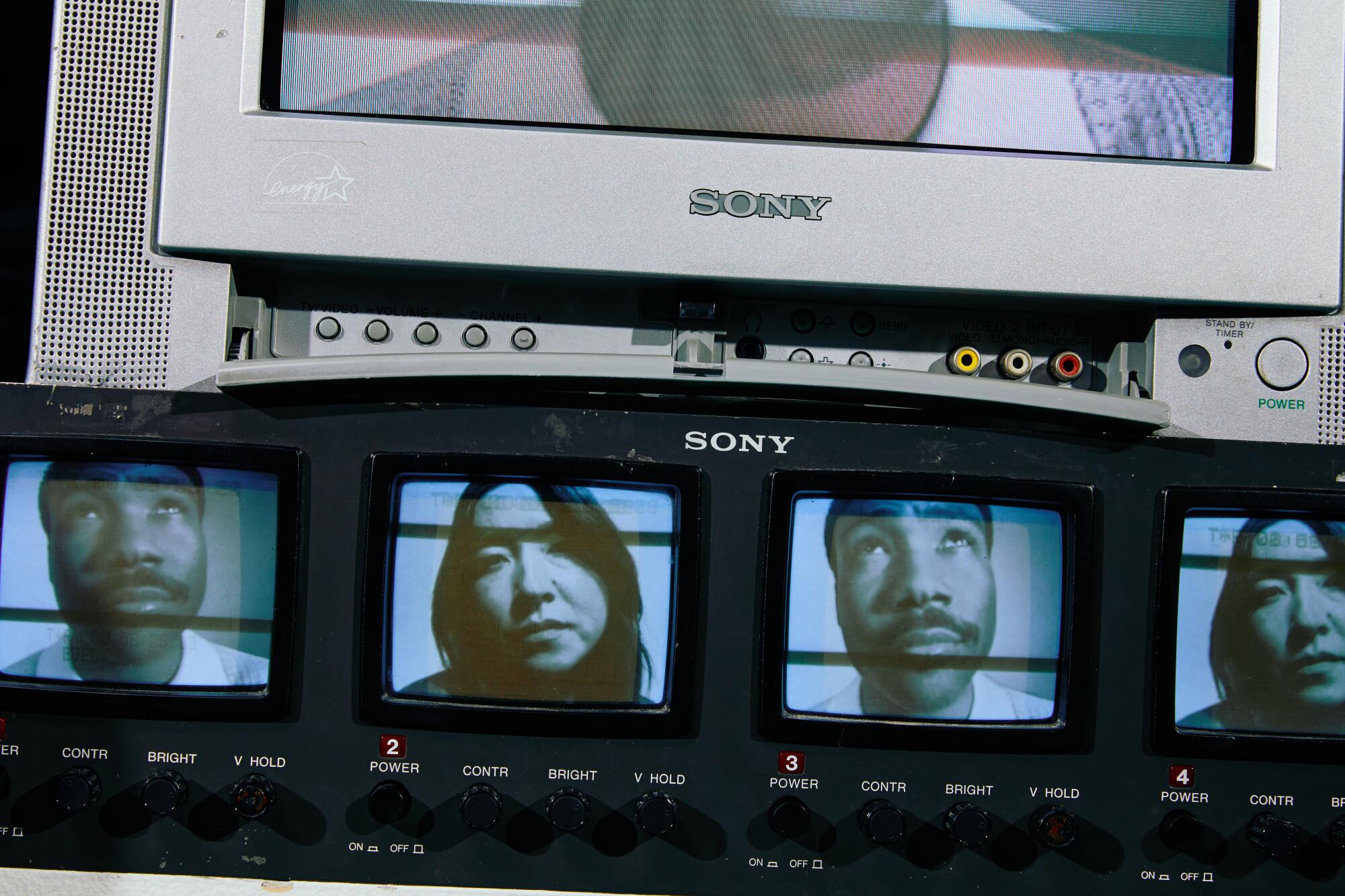TV screens with alternating images of a man and a woman.