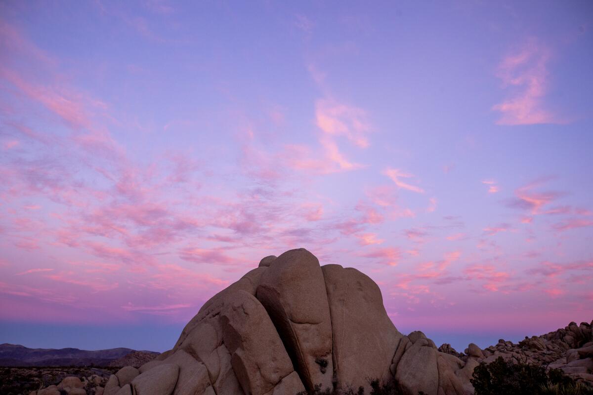 Pink clouds over the rocks at sunset in Joshua Tree National Park.