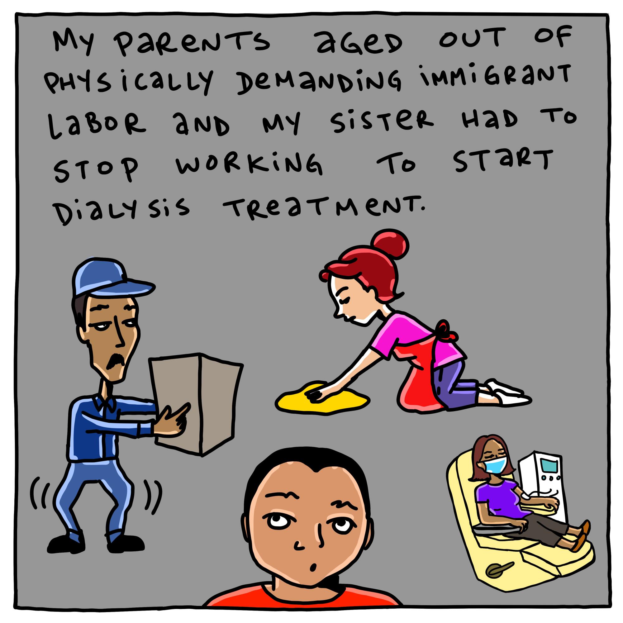 Mes parents n'étaient plus âgés à cause du travail immigré physiquement exigeant et ma sœur a dû arrêter de travailler pour commencer un traitement de dialyse. 