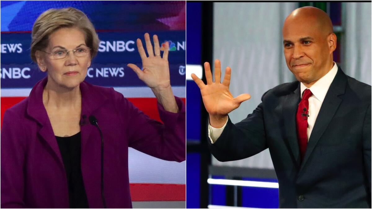 Sens. Elizabeth Warren and Cory Booker at Democratic debate