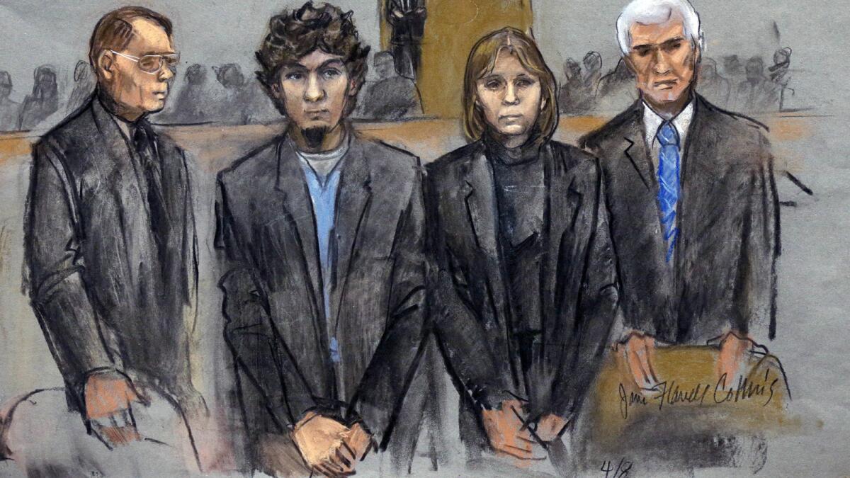 A courtroom sketch from March shows Dzhokhar Tsarnaev, second from left, with defense attorneys, from left, William Fick, Judy Clarke and David Bruck.