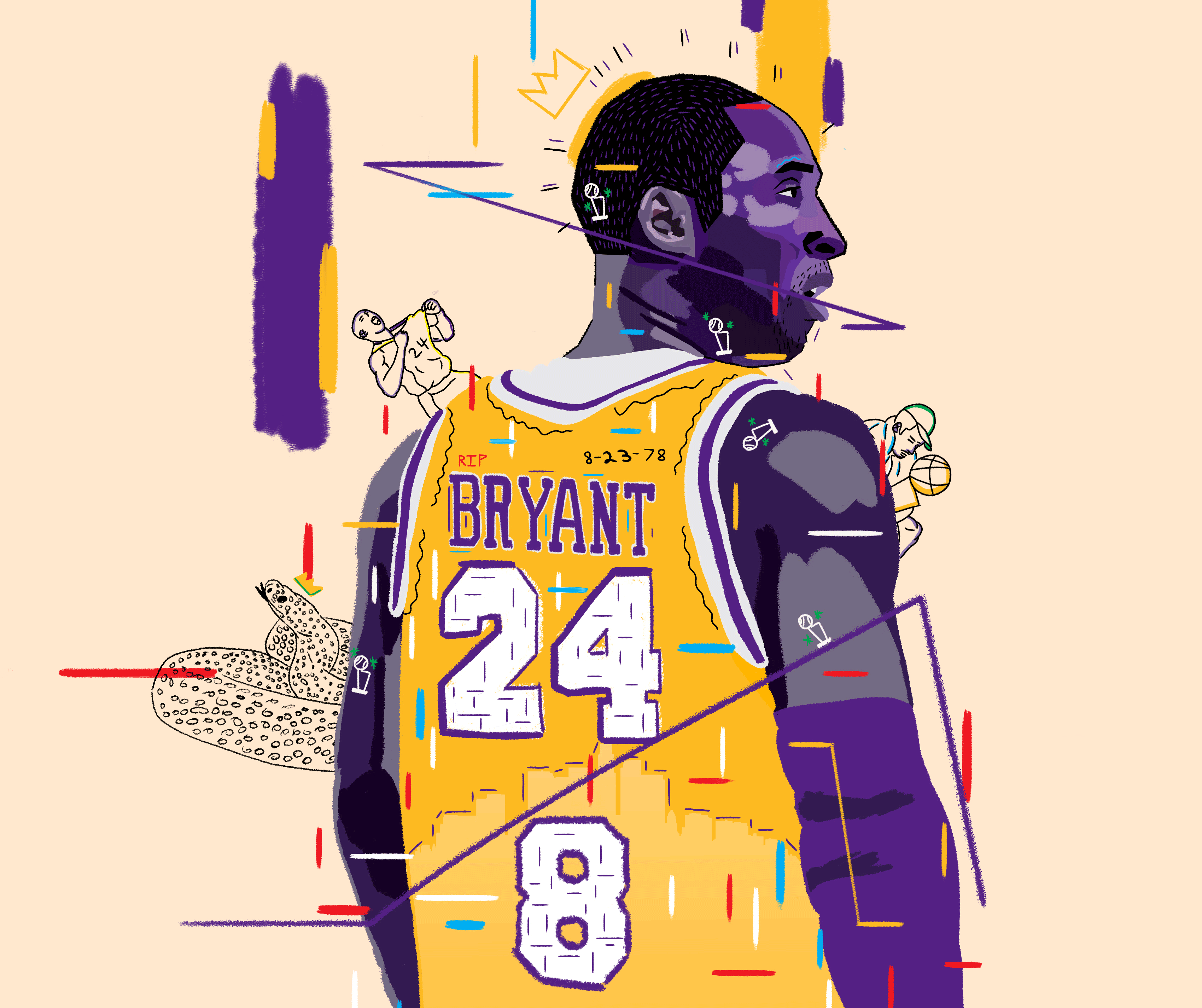 An illustration of Kobe Bryant wearing a Lakers jersey with his last name and the No. 24 and No. 8 on the back of it.
