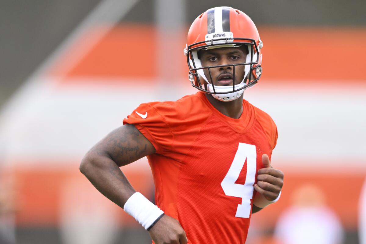 Cleveland Browns quarterback Deshaun Watson runs on the field during an NFL football practice at the team's training facility Wednesday, June 8, 2022, in Berea, Ohio. (AP Photo/David Richard)