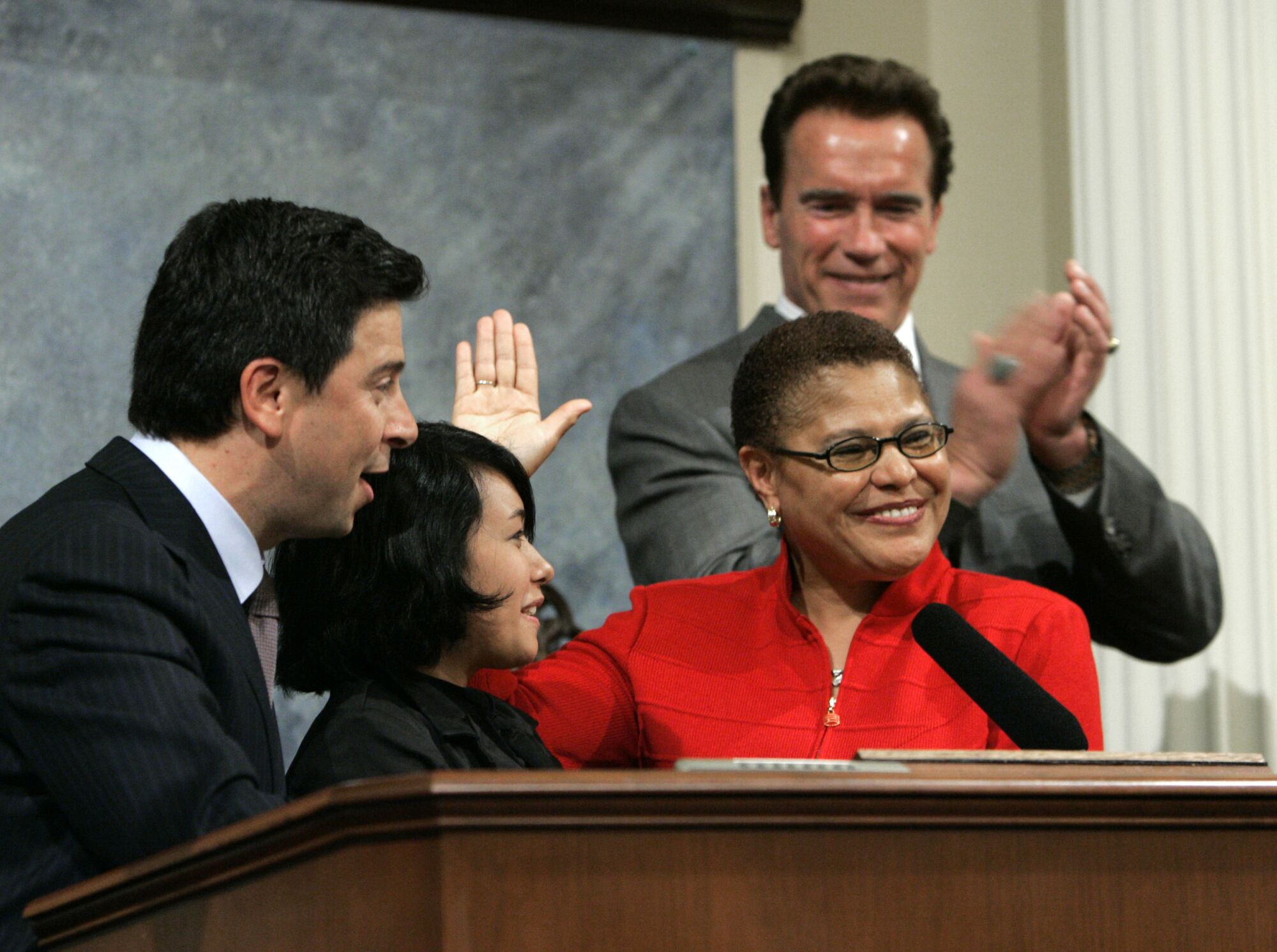 Assemblywoman Karen Bass, second from right, smiles as she is sworn in as speaker of the California State Assembly in 2008.