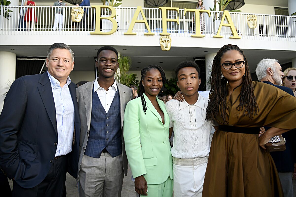 Ted Sarandos, from left, Ethan Herisse, Marsha Stephanie Blake, Asante Blackk and Ava DuVernay attend the BAFTA Los Angeles + BBC America TV Tea Party on Saturday at the Beverly Hilton Hotel.