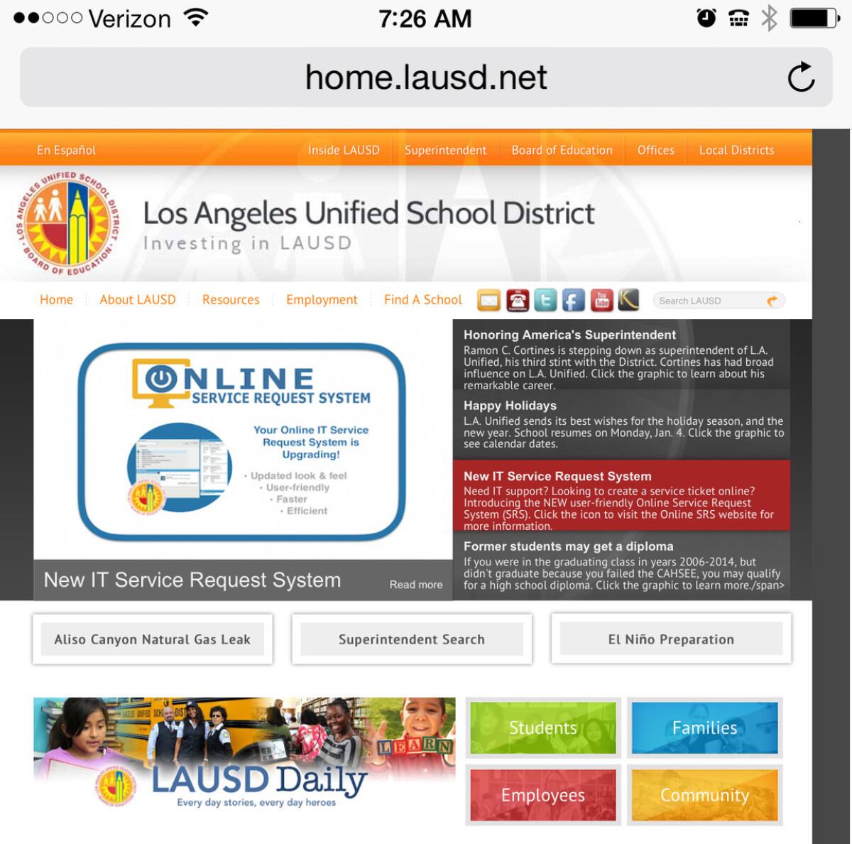 A screengrab of LAUSD's website this morning.