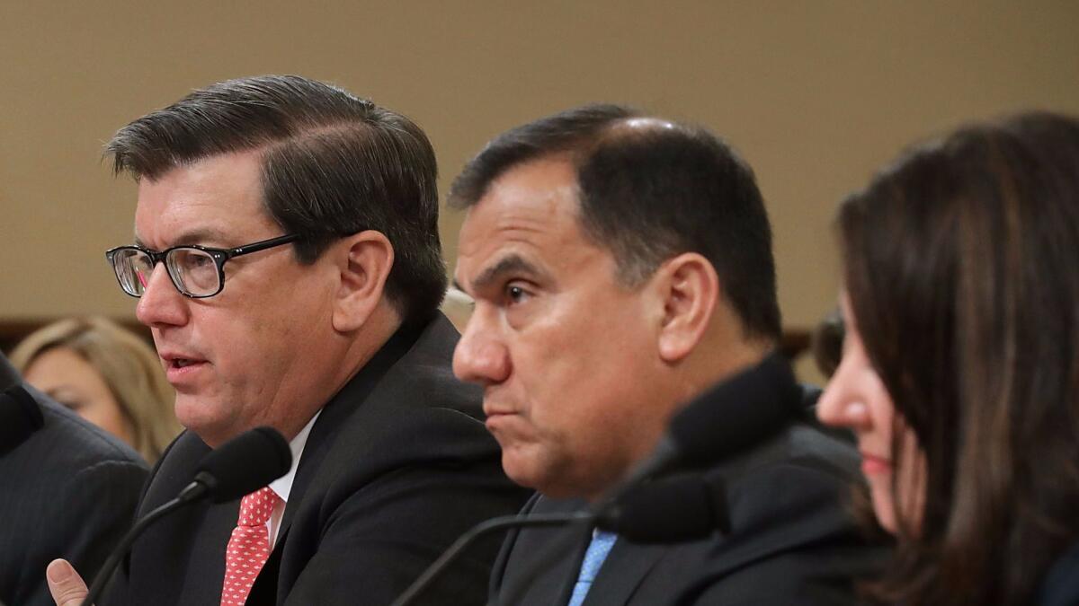 Sempra Energy Executive VP Dennis Arriola (center) appears before the House Ways and Means Committee's Trade Subcommittee about NAFTA reform on Capitol Hill July 18, 2017 in Washington, D.C.