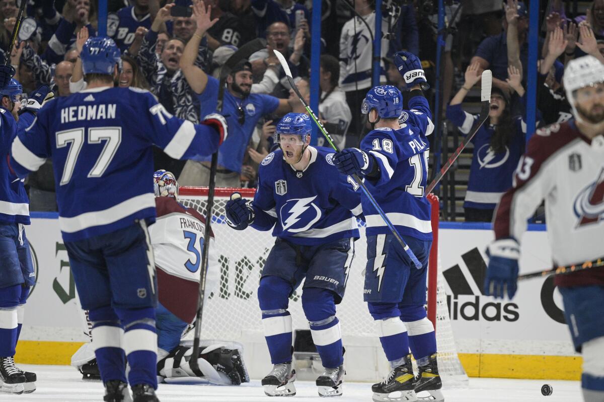 Tampa Bay Lightning right wing Corey Perry celebrates a goal.