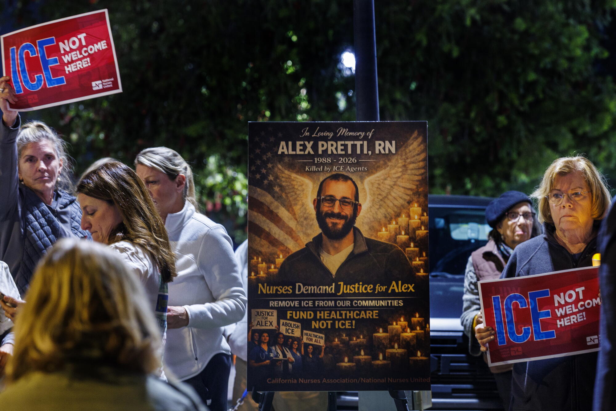 A poster size photo in San Pedro of Alex Pretti.