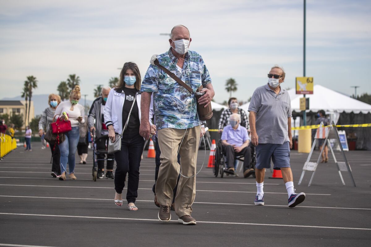 Residents of Orange County wait for COVID-19 shots at the mass vaccination site near Disneyland on Jan. 13. 