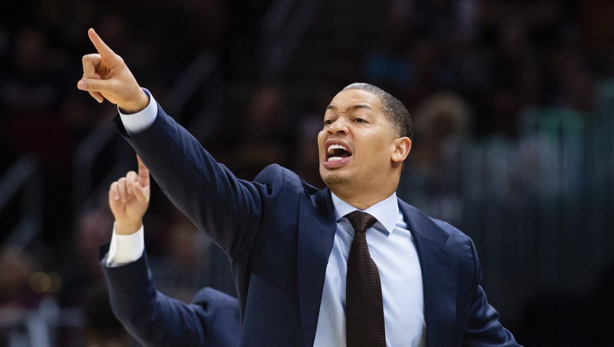 Tyronn Lue gestures during a game while coaching the Cleveland Cavaliers against the Indiana Pacers on OCt. 27, 2018.