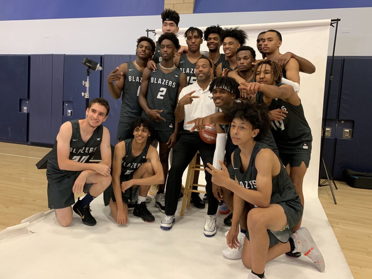 The 2019-2020 Sierra Canyon boys' basketball team poses during the team's media day at Sierra Canyon High School.