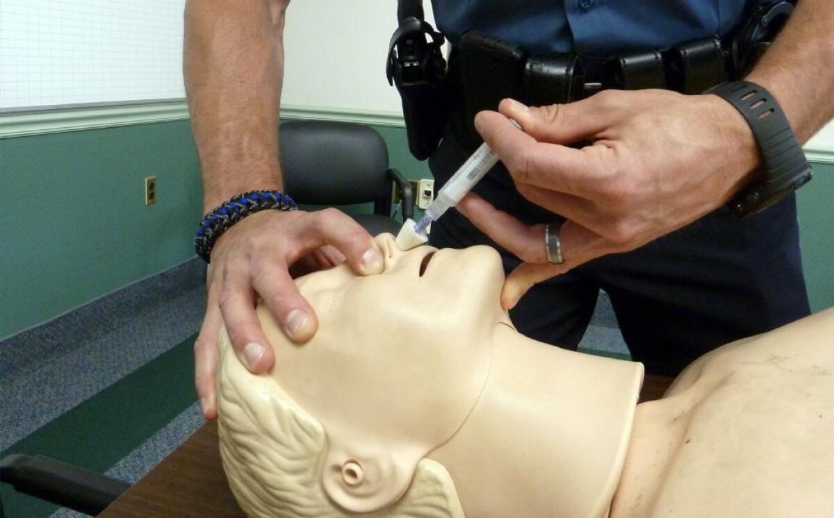 Typically used doses of the opiate-reversal drug naloxone may not work in overdoses associated with a new street drug called acetyl fentanyl, a new study warns. Above, a police trainer demonstrates the use of naloxone.