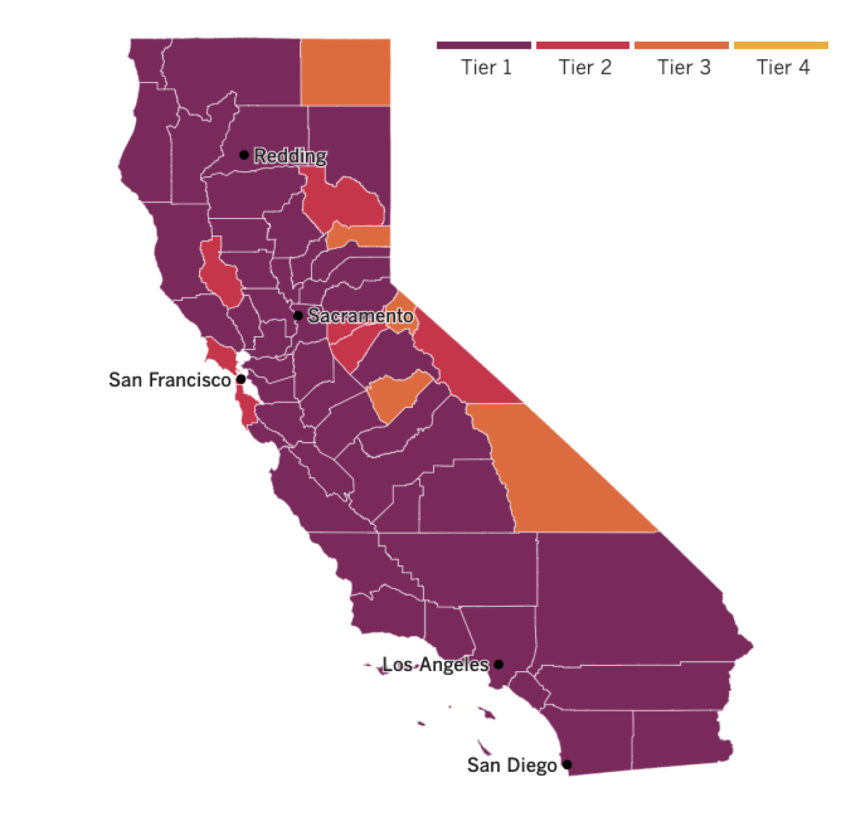 California tiers map for the week of Nov. 24.