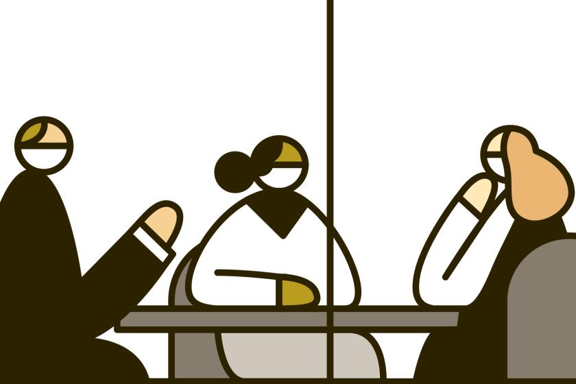 An illustration of window looking in on a group of people around a boardroom table.