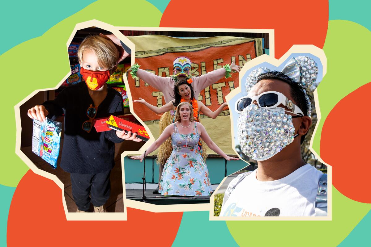 A collage including a photo of a young boy in costume, three people onstage, and a man in a sparkly face mask and ears