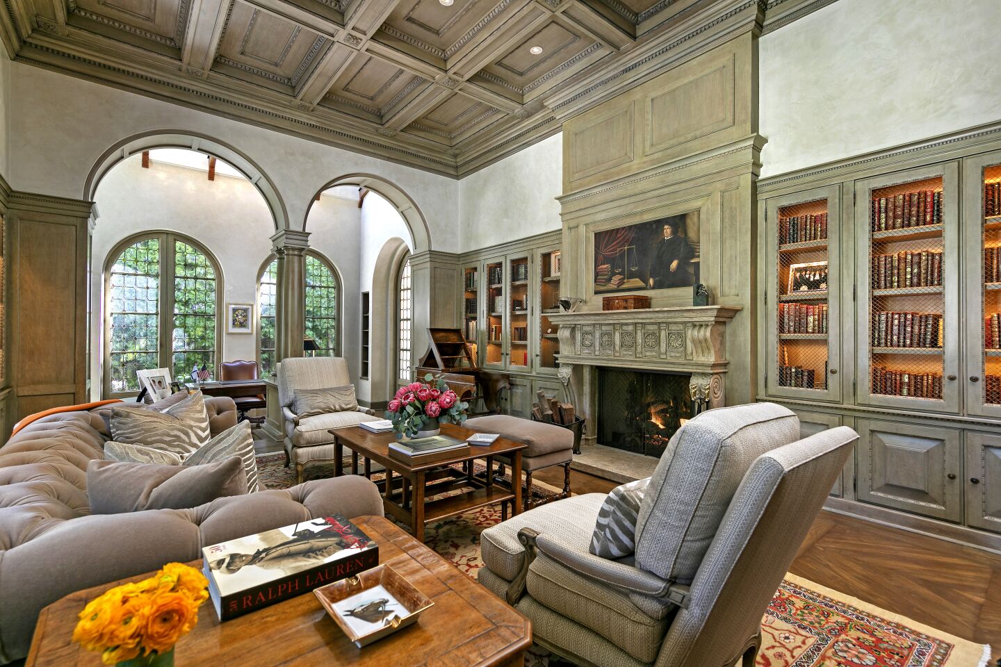 Designed by architect Robert Sinclair, the home boasts Venetian plaster walls and colonnades.