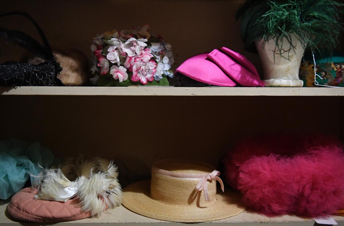 Inside the clothing closet are an assortment of vintage hats at the Ebell of Los Angeles' building in Los Angeles.