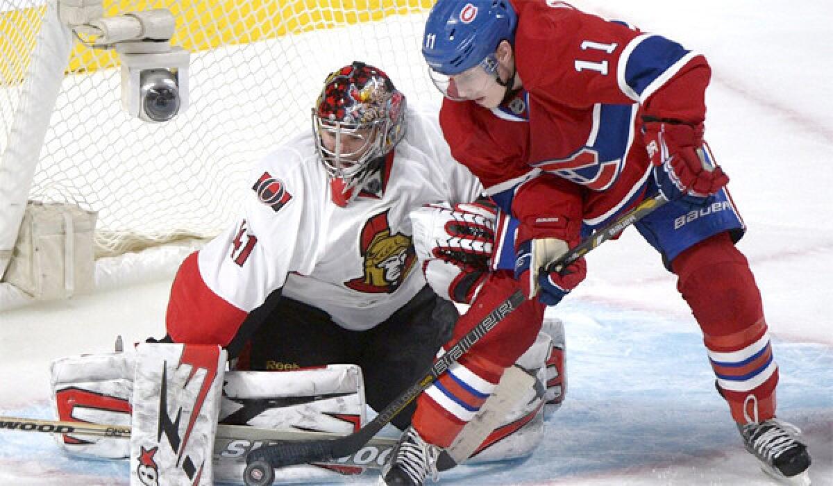 Brendan Gallagher has a shot stopped by Ottawa goaltender Craig Anderson during the second period of the Senators' Game 1 victory over the Canadiens, 4-2.