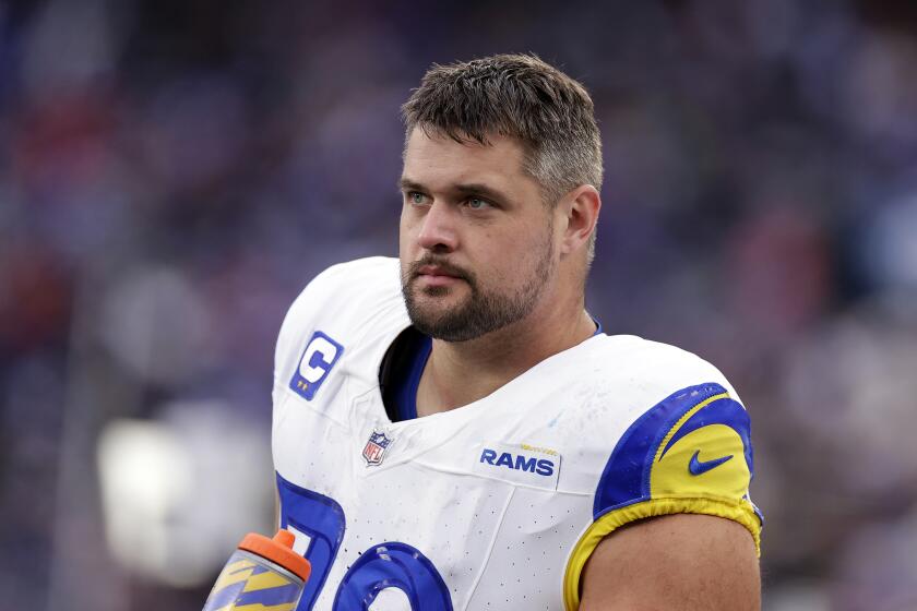 Los Angeles Rams offensive tackle Rob Havenstein (79) looks on against the New York Giants.