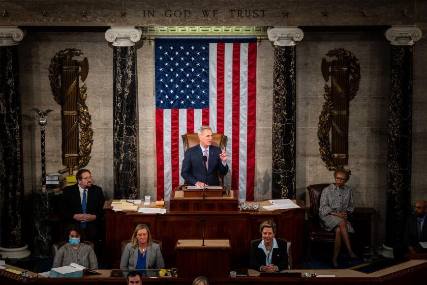 WASHINGTON, DC - JANUARY 07: Rep. Kevin McCarthy (R-CA) is elected Speaker of the House of Representatives in the House Chamber of the U.S. Capitol Building on Saturday, Jan. 7, 2023 in Washington, DC. After multiple failed attempts to elect a Speaker of the House - the first time in 100 years that the Speaker was not elected on the first ballot- the Republican members of the 118th Congress successfully elected McCarthy the morning following the second anniversary of the January 6 insurrection. (Kent Nishimura / Los Angeles Times)