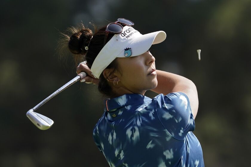 Alison Lee tees off on the ninth hole during the first round of the MEDIHEAL Championship golf tournament Thursday, Oct. 6, 2022, in Somis, Calif. (AP Photo/Mark J. Terrill)