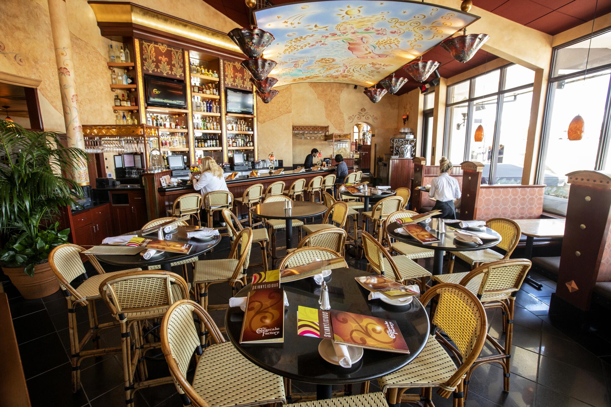 The bar-area dining room at the Cheesecake Factory restaurant in Marina del Rey.