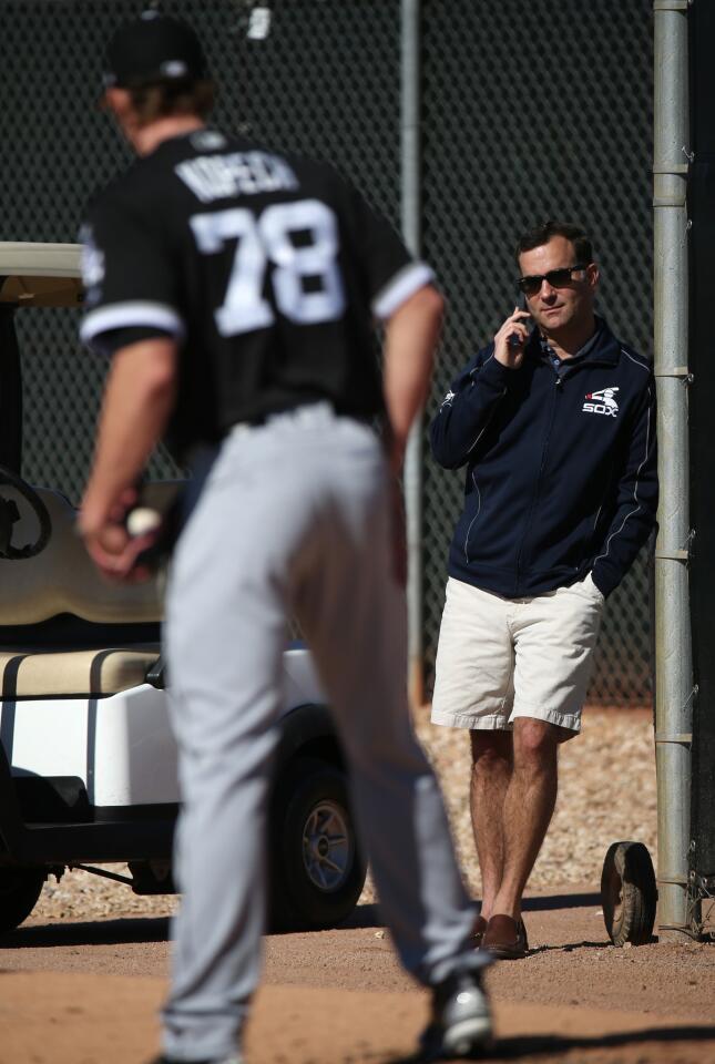 White Sox general manager Rick Hahn watches Michael Kopech throw during a spring training practice at Camelback Ranch on Feb. 15, 2017.