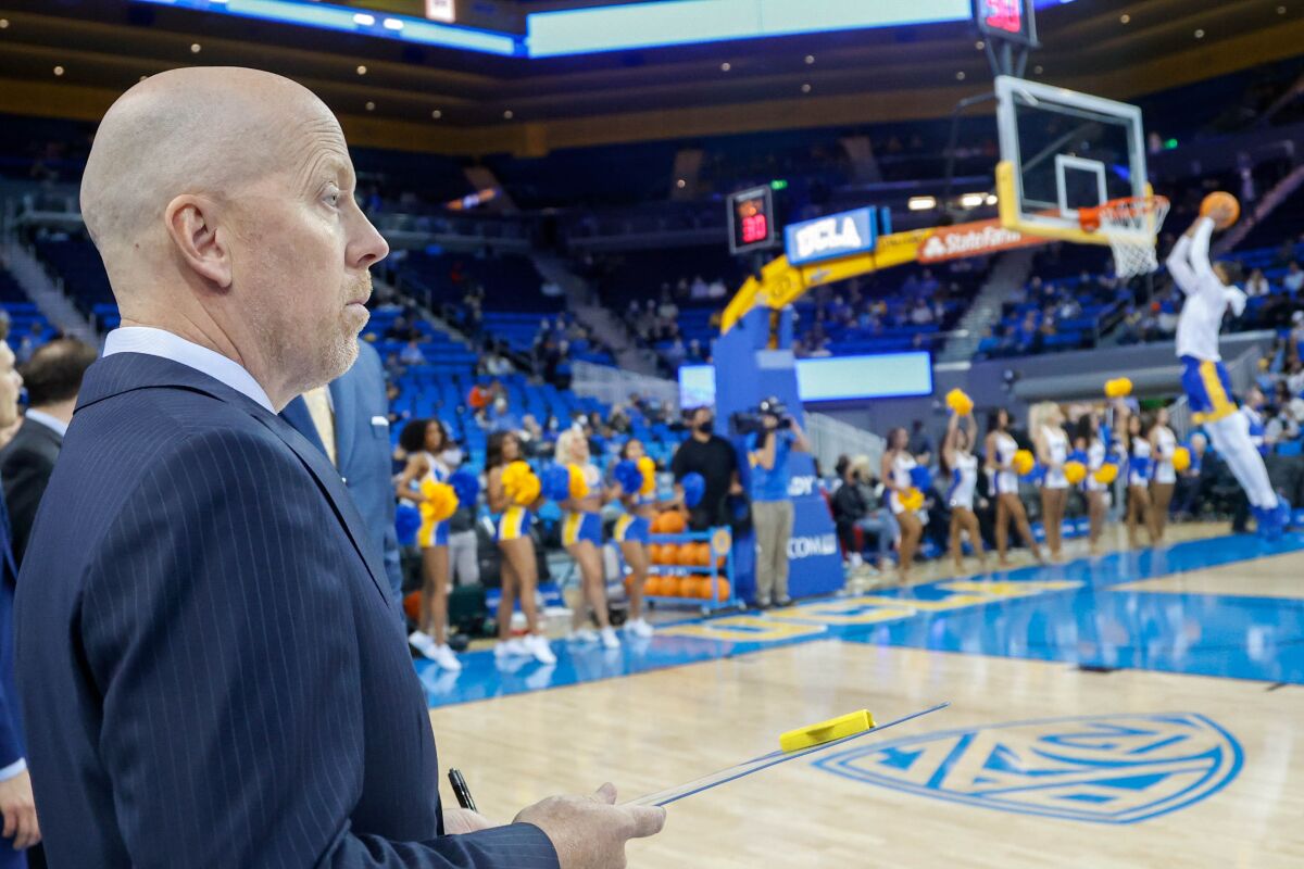 UCLA coach Mick Cronin watches his players warm up before a game against Cal State Bakersfield on Nov. 9.