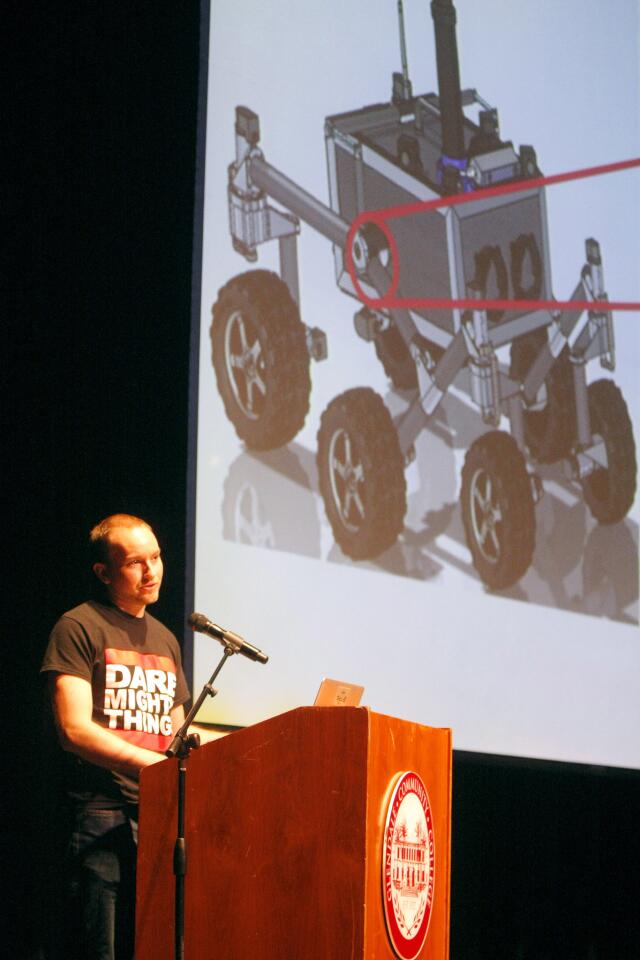Jet Propulsion Laboratory systems engineer Matt Stumbo talks about the Remotely Operated Vehicle Education (Rov-E) during his keynote address at the Society of Hispanic Professional Engineers second annual Maker Faire at Glendale Community College on Saturday, Feb. 25, 2017.