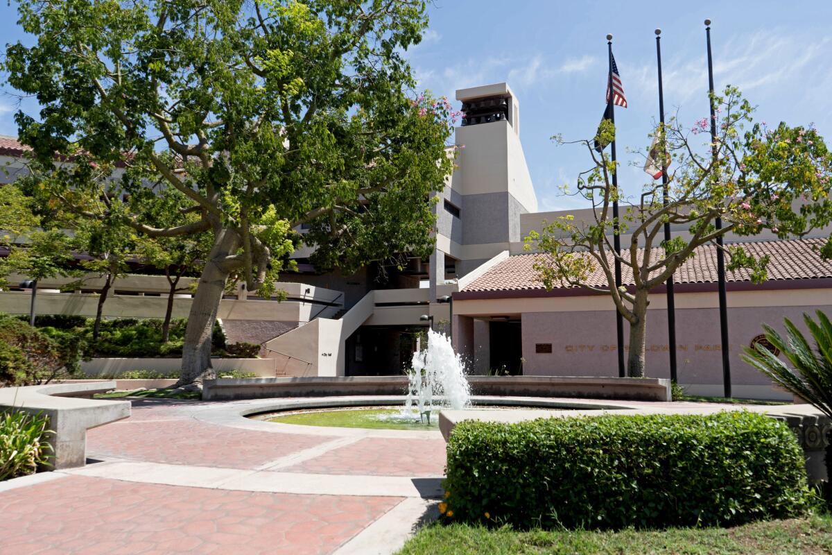 A fountain outside Baldwin Park City Hall