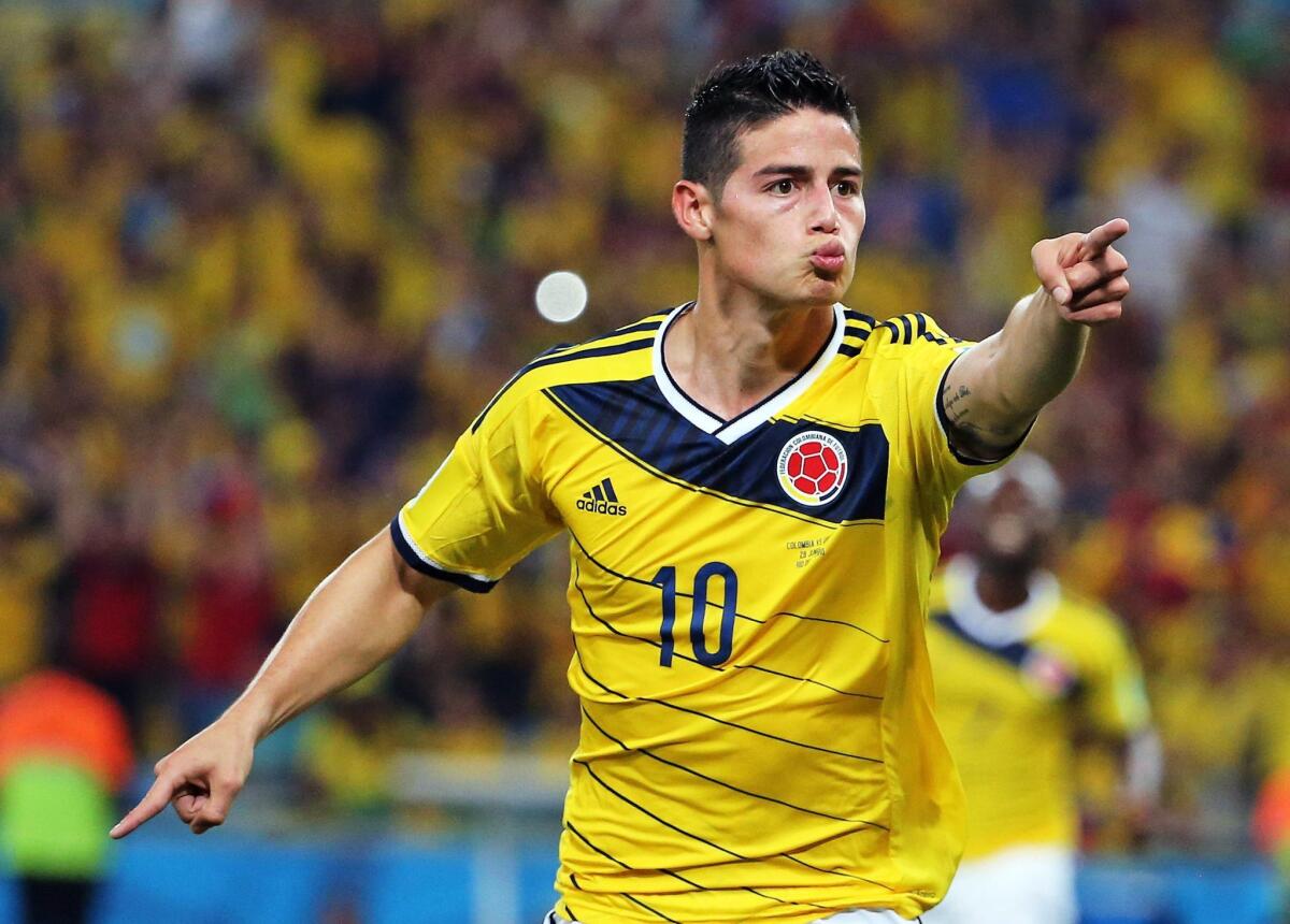 Colombia's James Rodriguez celebrates a goal during a June 28 World Cup match with Uruguay in Rio de Janeiro.