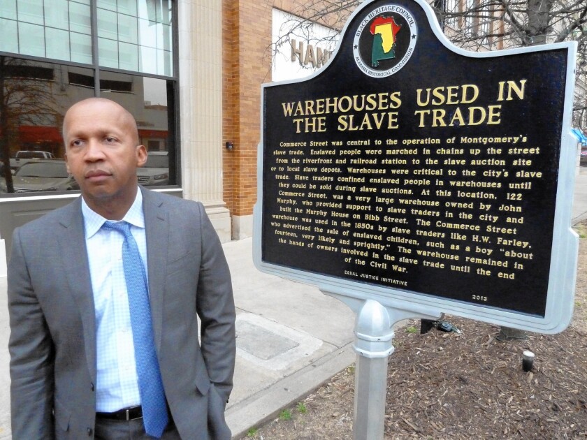 Bryan Stevenson, a civil rights lawyer, helped erect this marker in Montgomery, Ala., calling attention to the site's history in the slave trade.