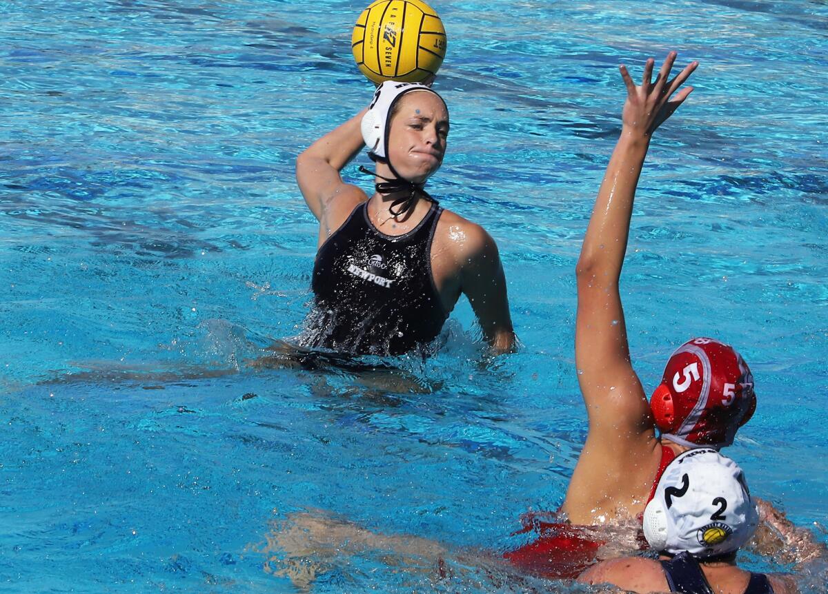 Newport Harbor's Kylie Robison (15) shoots to the goal against Mater Dei during the Newport Invite semifinals on Saturday.