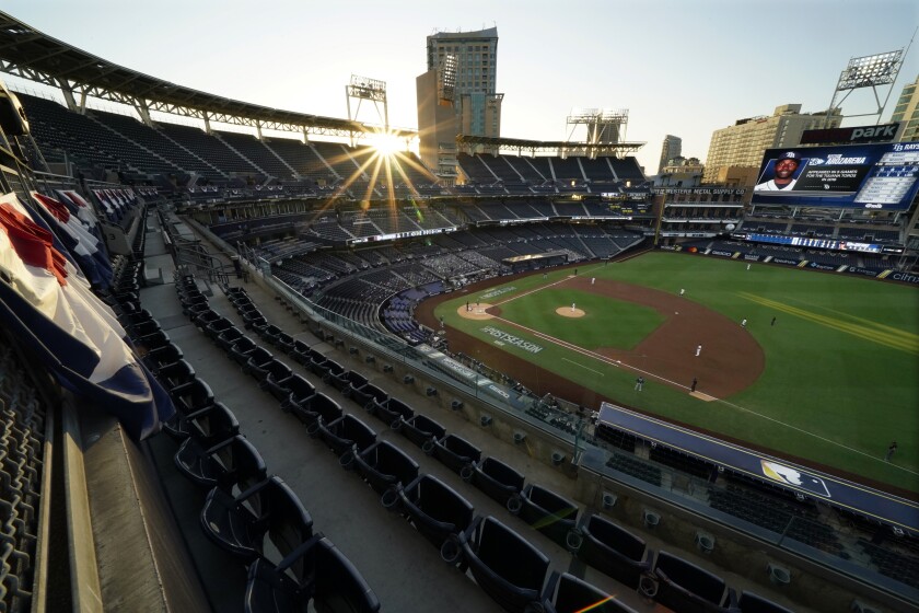 The sun sets over Petco Park in San Diego during the 2020 ALCS in October.