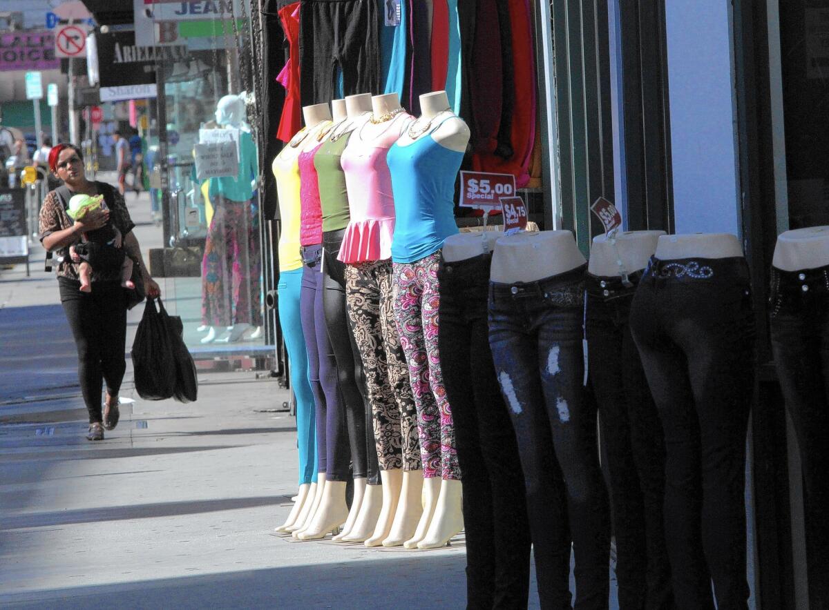 Clothes are on display in the fashion district, where a high volume of wholesale trade with Mexico has been used to convert drug profits into merchandise that can be exported to Mexico and sold for pesos.