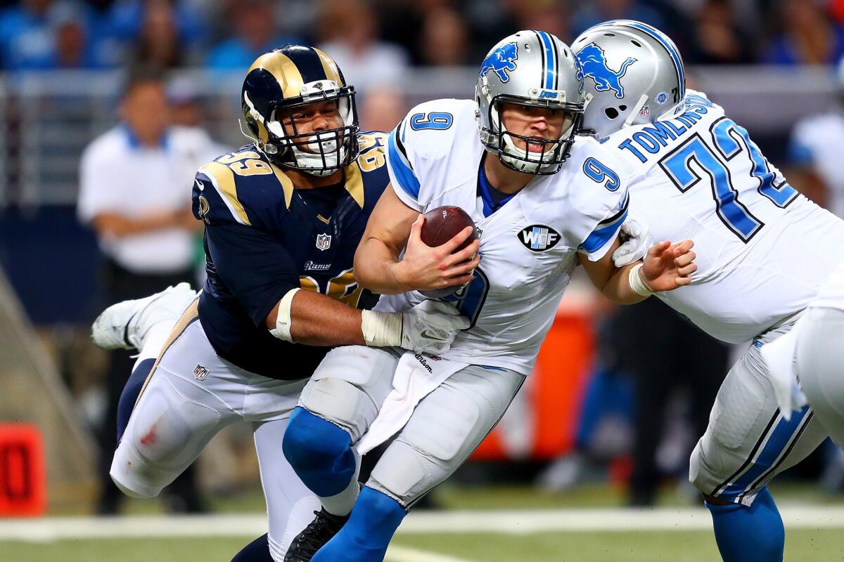 Defensive tackle Aaron Donald sacks Detroit quarterback Matthew Stafford during the fourth quarter of a game on Dec. 13.