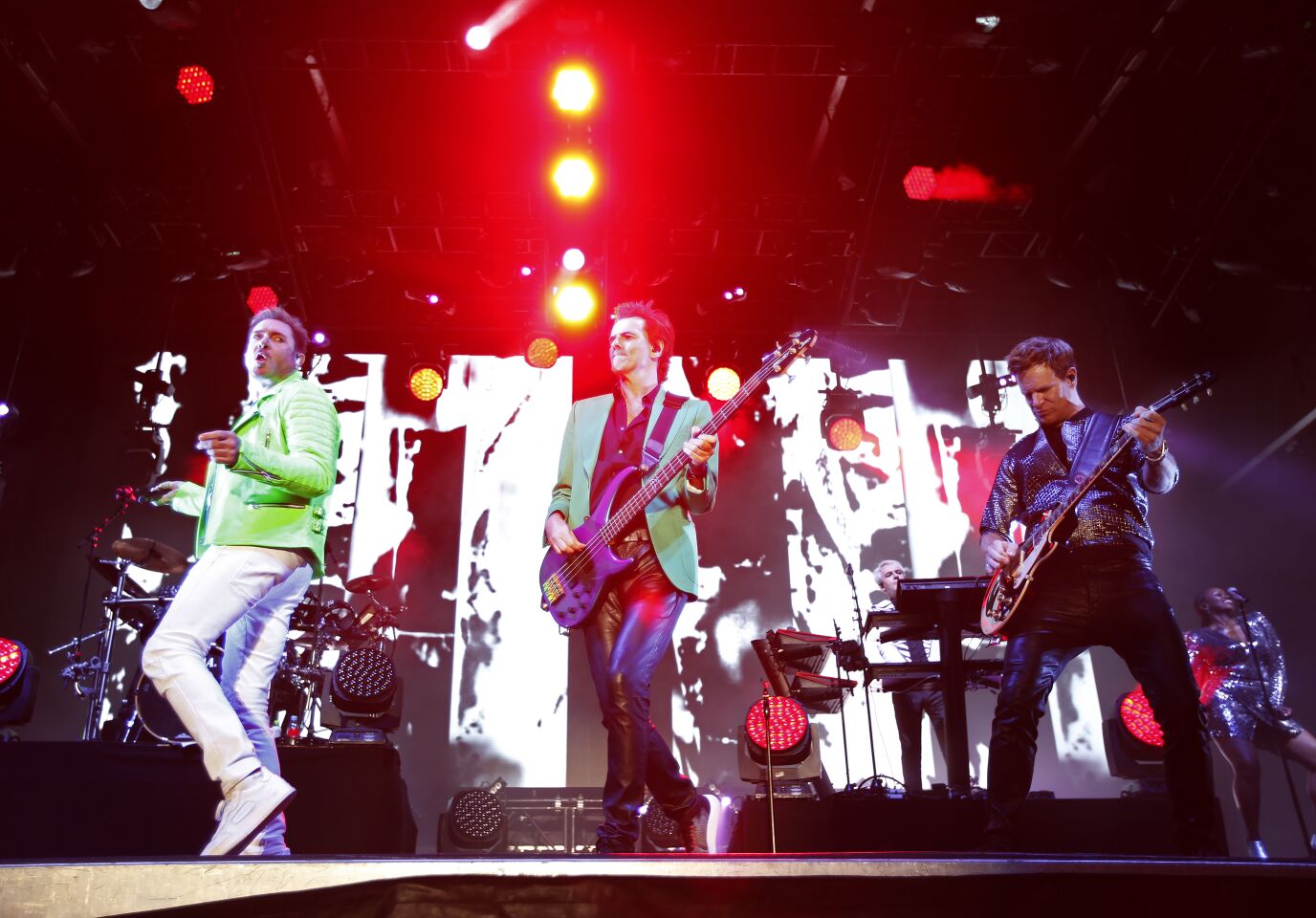 Singer Simon Le Bon, left, and bassist John Taylor and guitarist Dominic Brown of the band Duran Duran perform at KAABOO Del Mar on Sept. 15, 2019.